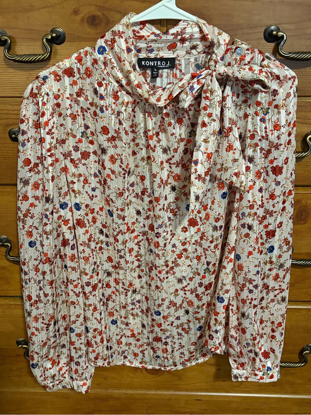 Kontrol Cream Floral Tie-Neck Blouse with Red & Blue Flowers